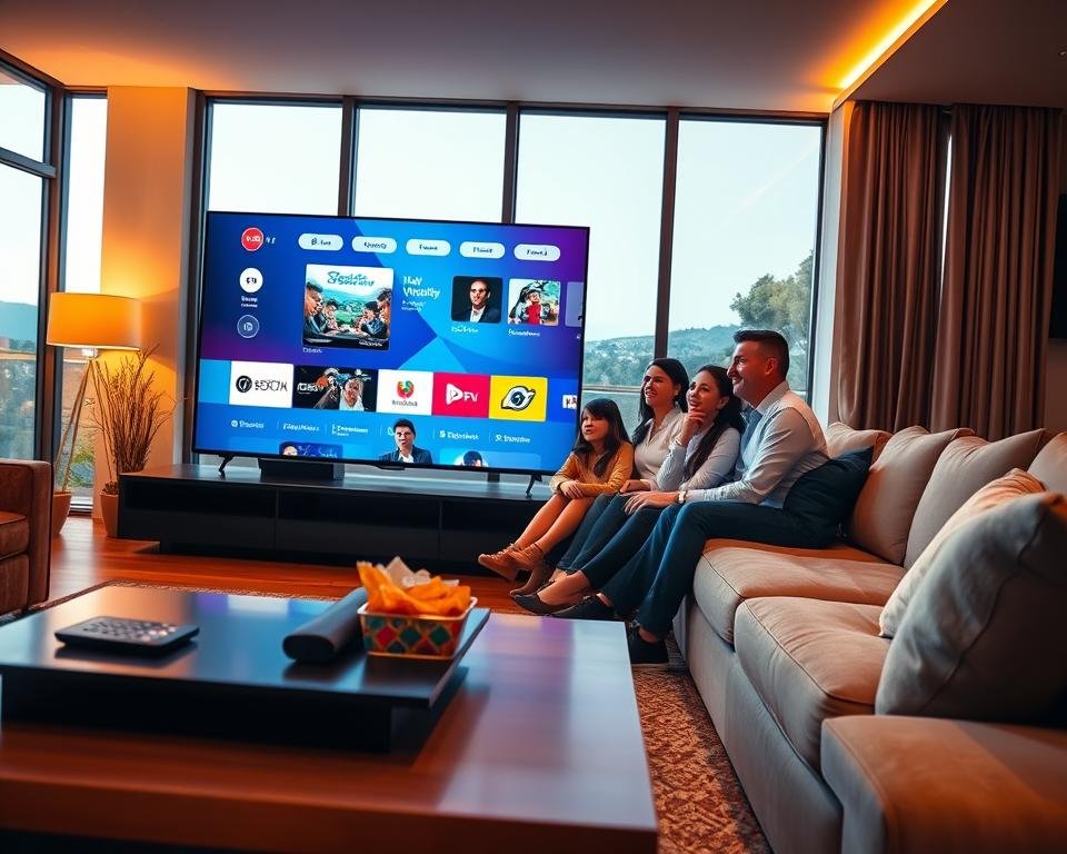 A modern living room featuring a large flat-screen television displaying a vibrant and engaging user interface for IPTV services. In the foreground, a sleek coffee table with a remote control and snacks, set against a backdrop of cozy furniture. In the middle, a plush sofa with a family, all dressed in comfortable yet professional casual attire, enjoying their IPTV experience together. The room is well-lit with warm, inviting lighting, creating a relaxed atmosphere. Large windows in the background allow natural light to flood in, revealing a serene outdoor landscape. The overall mood is one of connection and entertainment, underlining the premium quality of IPTV offerings.
