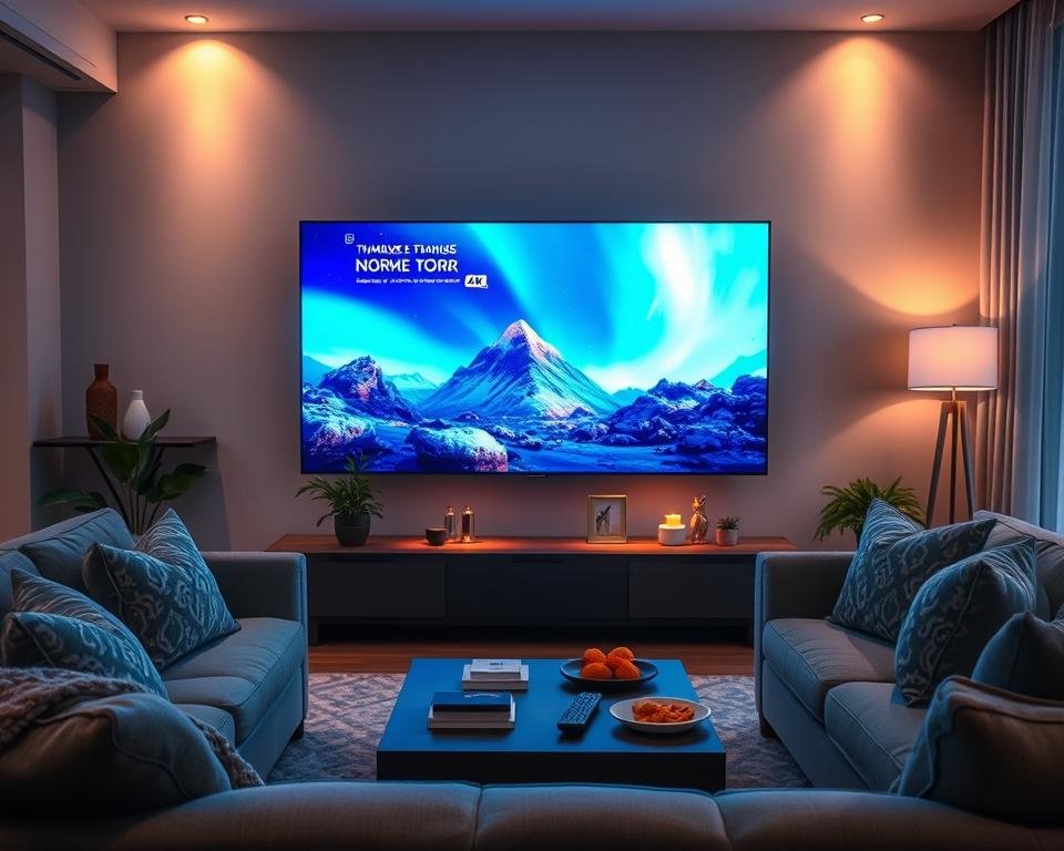 A modern living room featuring a large, sleek 4K television displaying vibrant streaming content, emphasizing the clarity and detail of the image. In the foreground, a comfortable sofa adorned with decorative cushions, accompanied by a stylish coffee table with a remote and snacks. The middle section includes plants and tasteful artwork that reflect a cozy yet contemporary atmosphere. The background reveals soft, warm lighting coming from floor lamps, creating an inviting ambiance. The scene is framed as if viewed from a slightly elevated angle, highlighting the entertainment setup. The overall mood is relaxed and engaging, showcasing the advantages of immersive 4K streaming in a home environment.