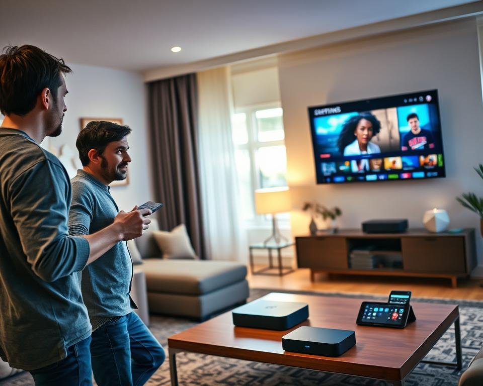 A modern living room featuring a sleek, installed smart television displaying vibrant streaming content. In the foreground, a family member is setting up the TV with a remote control, wearing casual yet tidy clothes, displaying a look of concentration. The middle ground shows a stylish, minimalistic coffee table with various connected devices such as a streaming box and a tablet. The background reveals soft, ambient lighting coming from decorative lamps, casting a warm, inviting glow throughout the room. The walls are adorned with contemporary art, and a window lets in natural light, emphasizing a cozy atmosphere. The overall mood is lively and engaging, representing the ease and accessibility of modern technology in daily life. A modern living room featuring a sleek, installed smart television displaying vibrant streaming content. In the foreground, a family member is setting up the TV with a remote control, wearing casual yet tidy clothes, displaying a look of concentration. The middle ground shows a stylish, minimalistic coffee table with various connected devices such as a streaming box and a tablet. The background reveals soft, ambient lighting coming from decorative lamps, casting a warm, inviting glow throughout the room. The walls are adorned with contemporary art, and a window lets in natural light, emphasizing a cozy atmosphere. The overall mood is lively and engaging, representing the ease and accessibility of modern technology in daily life.