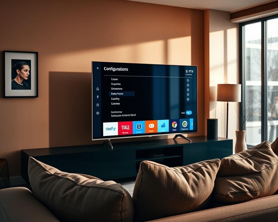 A modern living room featuring a sleek smart TV prominently displayed on a stylish entertainment unit. The foreground shows the TV screen displaying colorful IPTV configuration settings, with vivid icons and a user-friendly interface. In the middle, a comfortable couch with plush cushions invites viewers to relax. Subtle shadows cast by soft ambient lighting enhance the inviting atmosphere. The background captures warm-toned walls adorned with minimalistic art, complemented by a large window letting in natural light. The overall mood is tech-savvy yet homely, creating an ideal space for testing IPTV services. The image is taken from a slightly angled perspective to give depth, focusing on the vibrant TV display while ensuring a cozy environment.