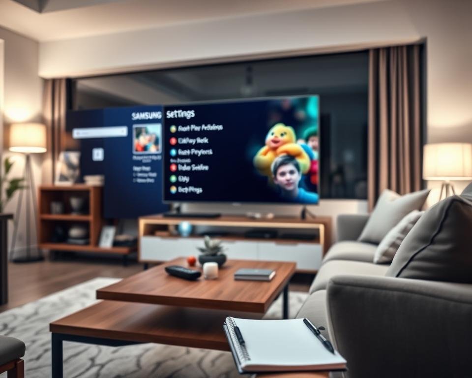 A modern living room featuring a smart TV prominently displaying the interface for IPTV configuration. In the foreground, a sleek, black Samsung or LG smart TV with vivid colors and a user-friendly menu, showcasing app options such as video playback and settings. In the middle, a stylish wooden coffee table with a remote control and a notebook, suggesting settings being noted down. The background reveals a cozy, well-lit space with soft ambient lighting coming from floor lamps, highlighting the television set. The atmosphere is inviting and tech-savvy, implying a family engaging in setting up their IPTV service. The image is captured from a slight low angle to emphasize the TV's presence, with a shallow depth of field to focus on the screen while softly blurring the background elements.