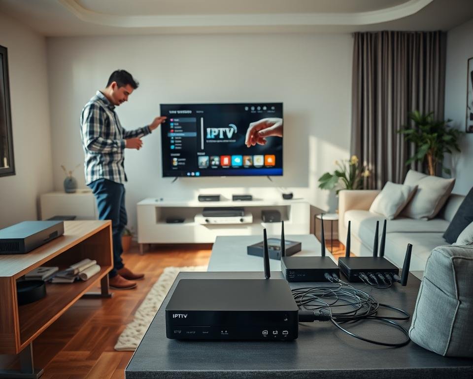 A modern living room featuring various IPTV devices being installed. In the foreground, a professional technician, wearing a smart casual outfit, is setting up a sleek streaming box on a stylish media console. The middle layer showcases a large flat-screen TV displaying the IPTV interface, surrounded by a well-organized array of cables and routers. In the background, sunlight filters through a window, casting a warm glow on contemporary furnishings. The atmosphere feels inviting and tech-savvy, highlighting the ease of installation across different devices. Capture the scene from a slightly elevated angle to provide an overview of the setup process, focusing on clarity and detail without any distractions or text elements.