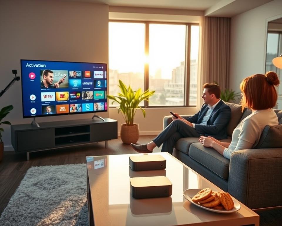 A modern living room scene depicting a cozy atmosphere, with a sleek television displaying an IPTV interface featuring vibrant channel options. In the foreground, a person in professional attire, seated on a comfortable sofa, is engaged with a remote control, highlighting the activation process. The middle ground includes a stylish coffee table with a sleek streaming device and snacks, enhancing the relaxed ambiance. In the background, soft lighting illuminates the room, creating a warm, inviting glow. A large window offers a glimpse of a sunny, urban environment outside. The mood should be user-friendly and engaging, reflecting the excitement of activating an IPTV trial service. Use a wide-angle lens to capture the entire scene with depth and detail.