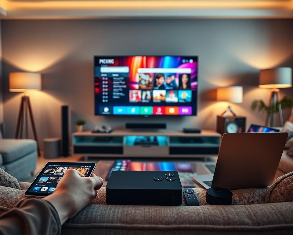 A modern living room scene featuring a premium television prominently displayed on a sleek entertainment unit. In the foreground, various devices such as a smartphone, tablet, and laptop showcase compatibility with the TV, highlighting streaming options and seamless connectivity. The middle layer shows the television screen displaying vivid colors, possibly playing a popular streaming service interface, while remote controls and streaming devices are grouped nearby. In the background, a cozy ambiance is achieved with warm, soft lighting from stylish lamps, creating an inviting atmosphere. The composition should capture a sense of comfort and modern technology integration, emphasizing versatility and user-friendliness in device compatibility. Use a wide-angle lens effect to enhance the space.