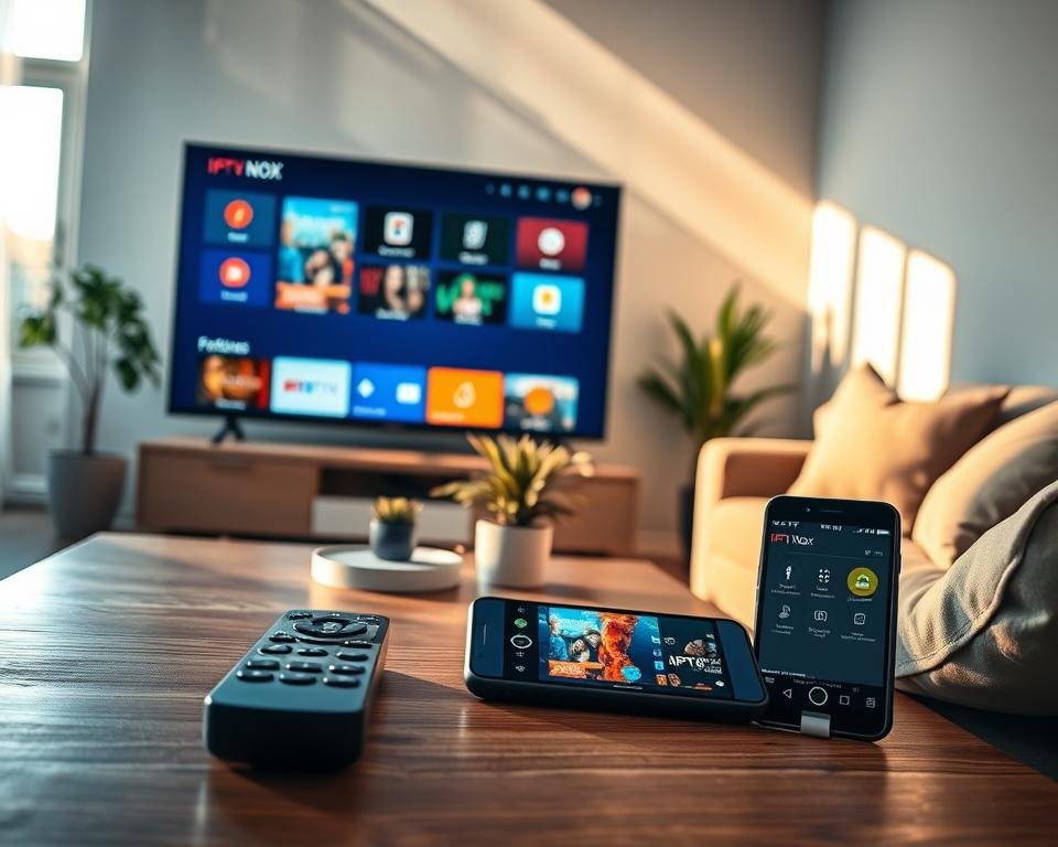A modern living room scene, focusing on a sleek, contemporary television displaying various IPTV Nox features. In the foreground, a stylish coffee table holds a remote control and a smartphone with the IPTV Nox app open. The middle ground features a cozy sofa with plush cushions, while a potted plant adds a touch of greenery. In the background, a well-lit window allows warm sunlight to stream in, creating an inviting atmosphere. Soft shadows fall across the room, adding depth. The overall mood is relaxed and tech-savvy, showcasing the advanced streaming capabilities of IPTV Nox in a stylish home setting. High-resolution, well-defined details enhance the clarity of the subject.