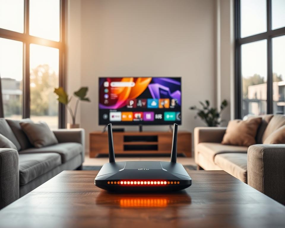 A modern living room scene showcasing a sleek television displaying an IPTV interface, with vibrant colors and a user-friendly layout. In the foreground, a stylish coffee table holds an advanced router, glowing softly to indicate a strong internet connection. The middle ground features plush sofas arranged around the television, creating a cozy atmosphere. Large windows in the background reveal a sunny day, with natural light filling the room and casting soft shadows. The overall mood is inviting and tech-savvy, emphasizing the importance of a reliable internet connection for streaming. The perspective is slightly angled, focusing on the IPTV setup while maintaining a sense of home comfort. No text, logos, or people are present in the image.