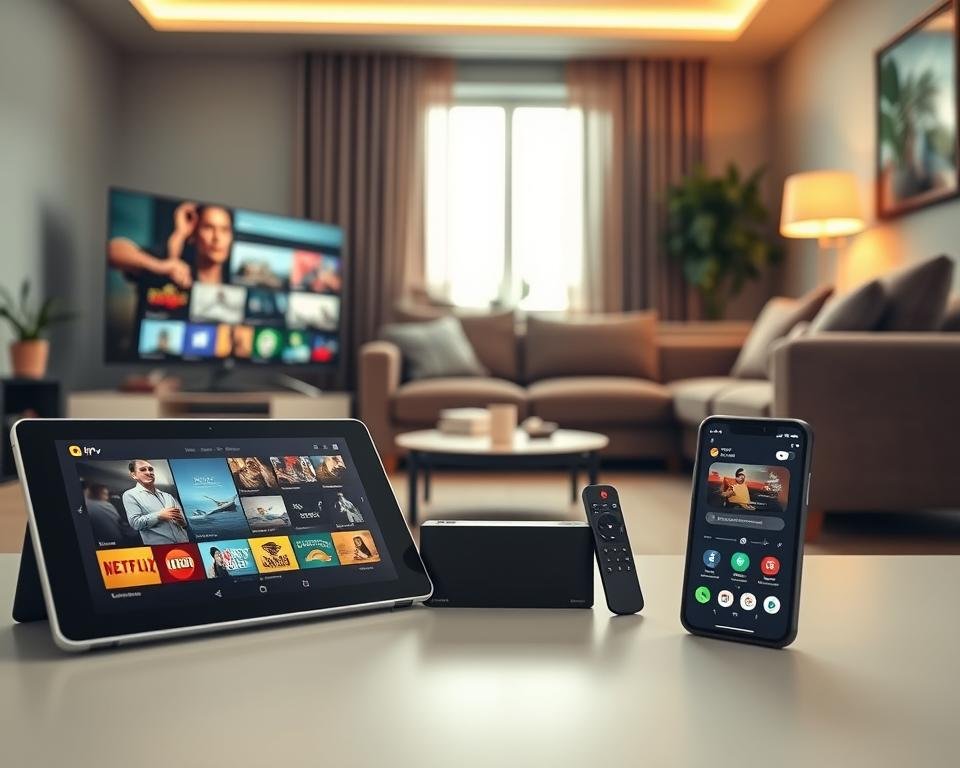 A modern living room scene with a variety of devices compatible with IPTV Nox prominently displayed in the foreground. Include a sleek smart TV with vibrant images on the screen, a stylish tablet next to it, and a smartphone showcasing the IPTV Nox interface. In the middle background, place a comfortable sofa and a small coffee table with a remote control. Use soft, warm lighting to create a cozy atmosphere, and allow natural light from a nearby window to filter in subtly. The composition should suggest a welcoming home environment where technology seamlessly integrates into daily life, showcasing the accessibility and ease of streaming. The angle should be slightly elevated to capture both the devices and the inviting ambiance.