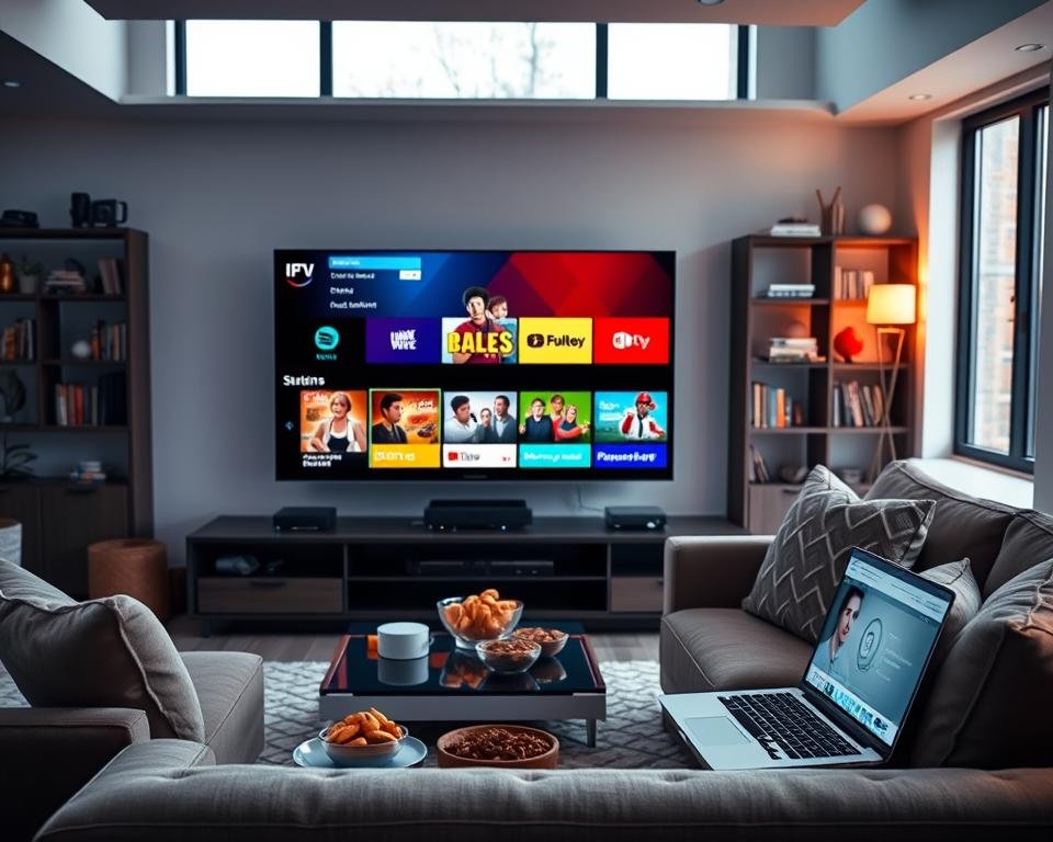 A modern living room set for an IPTV testing session. In the foreground, a sleek flat-screen TV displays a colorful array of streaming options and channels, showcasing various genres like movies, sports, and documentaries. A comfortable sofa with stylish pillows occupies the room, beside a coffee table with snacks and a laptop open to a speed test website. The middle ground features soft ambient lighting creating a cozy atmosphere, with subtle reflections on the TV screen. In the background, shelves are neatly arranged with books and decorative items. The room is well-lit by natural light coming through large windows, giving a fresh feel. The angle is slightly from above, capturing the entire scene invitingly.
