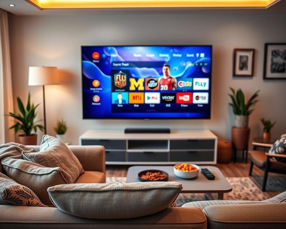 A modern living room setting designed for IPTV viewing, featuring a sleek flat-screen television showcasing vibrant visuals of a streaming platform interface. In the foreground, a cozy sofa with a decorative throw and cushions, inviting viewers to relax and enjoy. In the middle ground, a stylish coffee table with snacks and a remote control, emphasizing the interactive experience of watching IPTV. The background should include soft, warm lighting that creates a comfortable and welcoming atmosphere, with subtle decorative elements like framed artwork and plants, enhancing the sense of a home entertainment space. The scene captures an inviting, enjoyable mood, perfect for illustrating the advantages of a 24-hour IPTV test experience. A modern living room setting designed for IPTV viewing, featuring a sleek flat-screen television showcasing vibrant visuals of a streaming platform interface. In the foreground, a cozy sofa with a decorative throw and cushions, inviting viewers to relax and enjoy. In the middle ground, a stylish coffee table with snacks and a remote control, emphasizing the interactive experience of watching IPTV. The background should include soft, warm lighting that creates a comfortable and welcoming atmosphere, with subtle decorative elements like framed artwork and plants, enhancing the sense of a home entertainment space. The scene captures an inviting, enjoyable mood, perfect for illustrating the advantages of a 24-hour IPTV test experience.