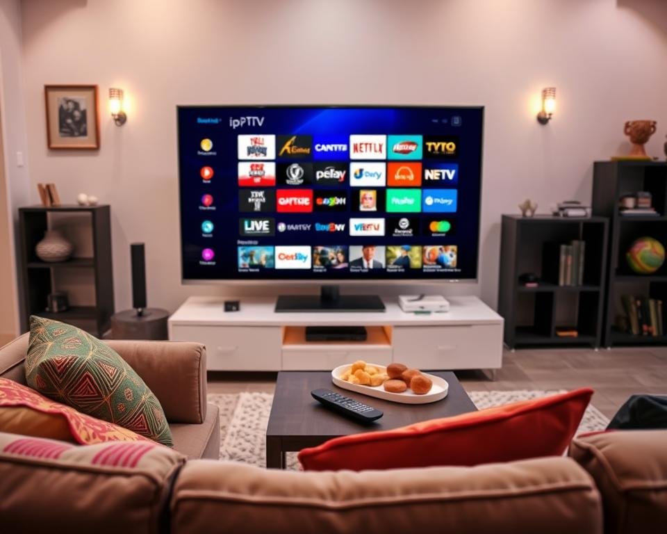 A modern living room setting designed for IPTV viewing, featuring a sleek flat-screen television displaying an array of vibrant TV channels and shows. In the foreground, a comfortable sofa with colorful cushions invites relaxation, along with a stylish coffee table adorned with a remote control and snacks. The middle ground showcases the television, where logos or colorful previews of various content types like movies, sports, news, and documentaries are artistically arranged without text. The background reveals a cozy environment with soft lighting and subtle decorative elements, such as a bookshelf and wall art, creating a warm, inviting atmosphere. The overall mood is engaging and contemporary, emphasizing the enjoyment of IPTV in a Moroccan home. A modern living room setting designed for IPTV viewing, featuring a sleek flat-screen television displaying an array of vibrant TV channels and shows. In the foreground, a comfortable sofa with colorful cushions invites relaxation, along with a stylish coffee table adorned with a remote control and snacks. The middle ground showcases the television, where logos or colorful previews of various content types like movies, sports, news, and documentaries are artistically arranged without text. The background reveals a cozy environment with soft lighting and subtle decorative elements, such as a bookshelf and wall art, creating a warm, inviting atmosphere. The overall mood is engaging and contemporary, emphasizing the enjoyment of IPTV in a Moroccan home.