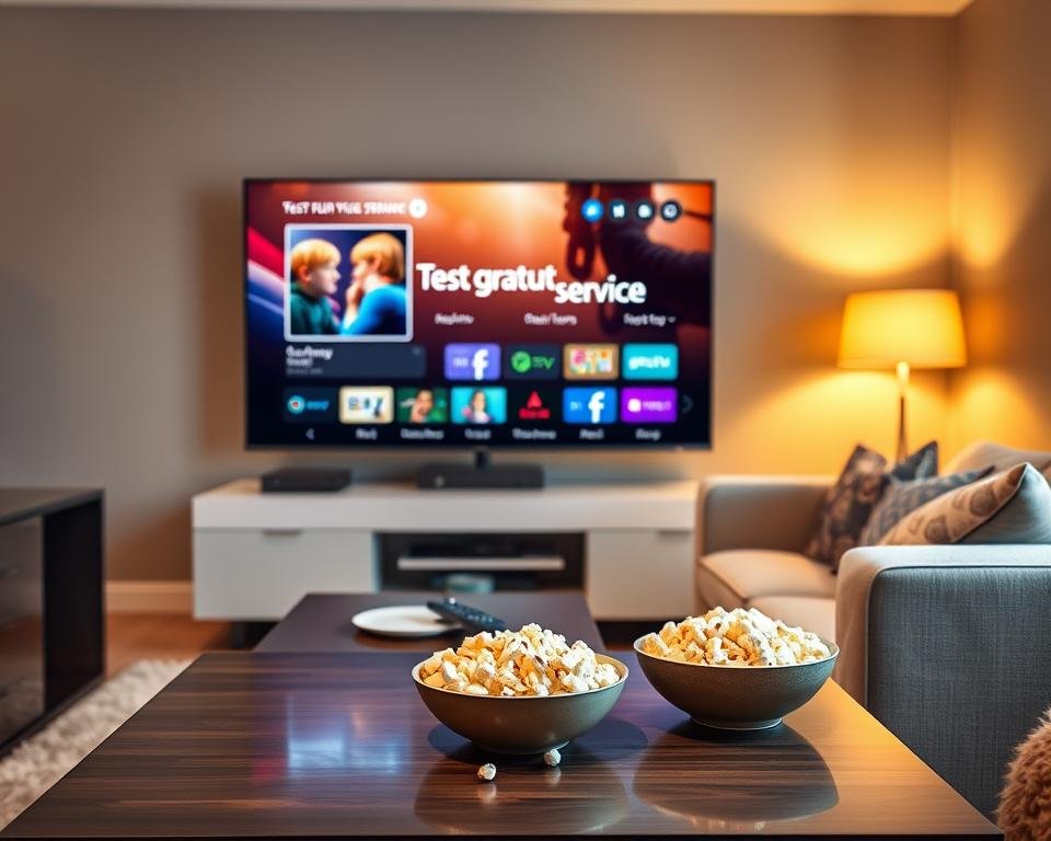 A modern living room setting featuring a large flat-screen television displaying a vibrant streaming interface labeled "Test gratuit service streaming." In the foreground, a stylish coffee table with a remote control and popcorn bowl. Midground includes a comfortable sofa, adorned with decorative cushions, set against a backdrop of soft lighting emanating from a floor lamp. The walls are tastefully decorated, hinting at a cozy and inviting atmosphere. The lighting is warm and ambient, creating a relaxed mood suitable for enjoying premium IPTV services. The camera angle is slightly elevated, capturing the room's inviting layout while emphasizing the streaming experience. No people are present in the scene, ensuring a professional and focused illustration.