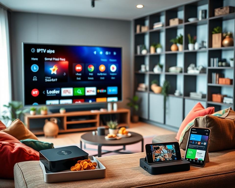 A modern living room setting, featuring a sleek Smart TV displaying a stylish user interface for IPTV streaming. In the foreground, a comfortable sofa with colorful cushions and a small coffee table with snacks. On the table, various compatible devices like a streaming box, tablet, and smartphone, all showcasing the IPTV app interface. The middle ground includes a well-lit room with large windows letting in natural daylight, plants, and decorative items creating a cozy atmosphere. The background features a soft-focus bookshelf filled with books and decorative boxes. The scene is captured with a wide-angle lens to encompass depth, emphasizing a warm and inviting ambiance perfect for family entertainment. A modern living room setting, featuring a sleek Smart TV displaying a stylish user interface for IPTV streaming. In the foreground, a comfortable sofa with colorful cushions and a small coffee table with snacks. On the table, various compatible devices like a streaming box, tablet, and smartphone, all showcasing the IPTV app interface. The middle ground includes a well-lit room with large windows letting in natural daylight, plants, and decorative items creating a cozy atmosphere. The background features a soft-focus bookshelf filled with books and decorative boxes. The scene is captured with a wide-angle lens to encompass depth, emphasizing a warm and inviting ambiance perfect for family entertainment.
