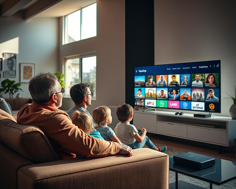 A modern living room setting showcasing a family enjoying high-quality IPTV content on a large flat-screen television. In the foreground, a father and mother sit comfortably on a stylish sofa, with their two children engaged in watching colorful animated shows. The room has a bright, inviting ambiance, illuminated by sunlight streaming through large windows, casting a warm glow. The walls are decorated with contemporary art, and a sleek entertainment unit displays various devices like a streaming box and remote controls. In the background, the IPTV interface is visible on the TV screen, featuring vibrant thumbnails of different channels and shows. The composition captures a sense of togetherness and the enjoyment of diverse viewing options, highlighting the advantages of IPTV subscriptions.