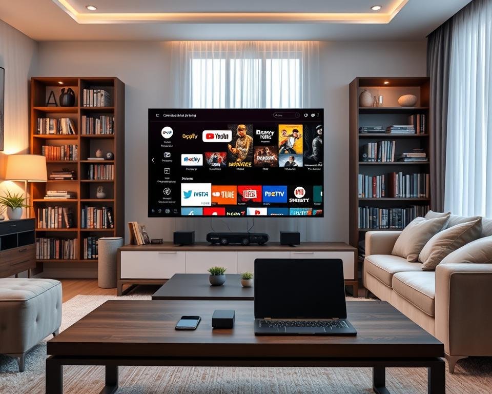 A modern living room setting showcasing a sleek, flat-screen television displaying various IPTV app icons on the screen. In the foreground, a stylish coffee table with a laptop and a smartphone, with a cozy and inviting atmosphere created by soft, ambient lighting. In the middle ground, a plush sofa with neutral-toned cushions invites relaxation, while a bookshelf filled with DVDs and books adds character. The background reveals a large window with sheer curtains allowing natural light to filter in, creating a warm ambiance. The overall mood is contemporary and tech-savvy, reflecting user-focused alternatives to traditional television. Please ensure the image remains free of any text, logos, or overlays.
