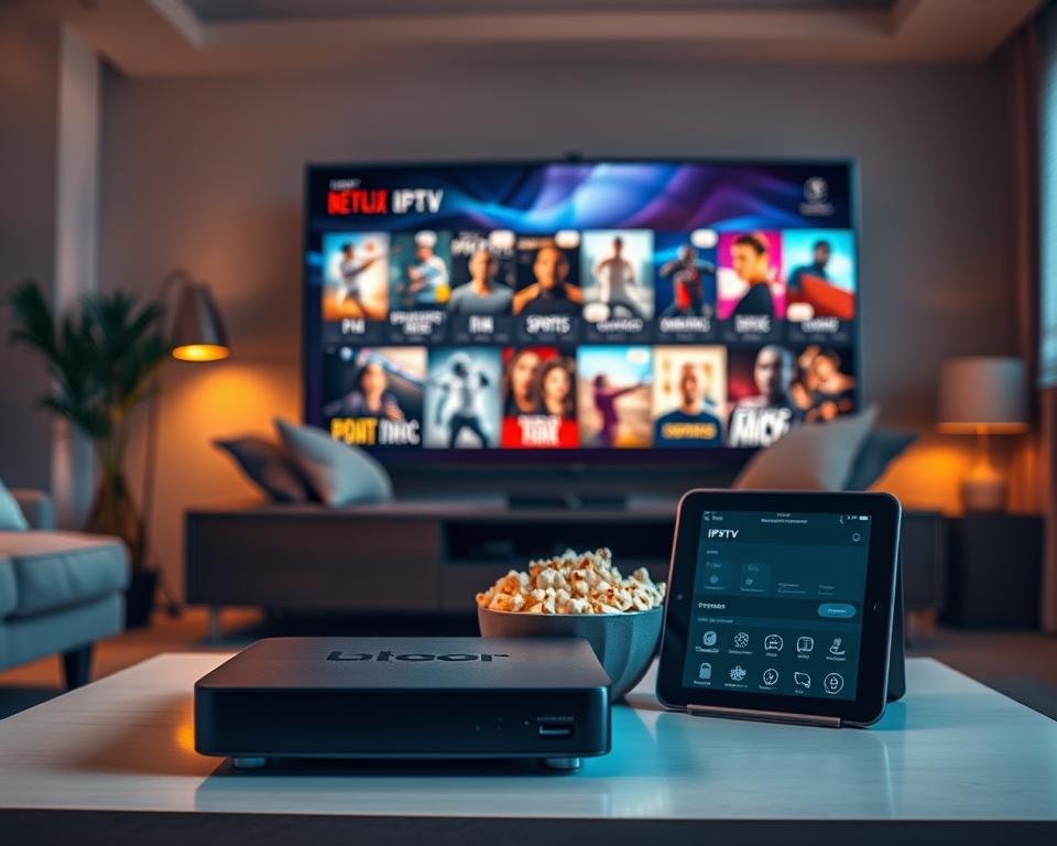 A modern living room setting showcasing a sleek, high-tech IPTV streaming device on a stylish coffee table. In the foreground, there's a large, flat-screen TV displaying vibrant, dynamic imagery of various available channels – film, sports, and documentaries, emphasizing the vast selection of content. In the middle, a comfortable sofa is adorned with cushions, and a bowl of popcorn sits beside a tablet showing the IPTV subscription options. The background features warm ambient lighting, creating a cozy atmosphere with soft shadows. A window lets in natural light, suggesting daytime. The mood is inviting and engaging, conveying the excitement of premium entertainment experiences in a contemporary home environment.