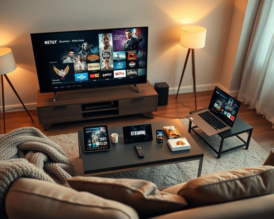 A modern living room setting showcasing a variety of devices compatible with streaming services, including a smart TV, tablet, smartphone, and laptop, all displaying popular streaming icons. The foreground features a cozy couch with a plush throw, inviting viewers to imagine comfort while streaming. In the middle, the devices are arranged neatly on a stylish coffee table with a few snacks and a remote control scattered about. The background is softly lit with warm light from floor lamps, creating a relaxed atmosphere. The overall color palette is warm and inviting, emphasizing a sense of technology seamlessly blending into daily life. The angle is slightly overhead, giving a comprehensive view of the setup while maintaining focus on the devices. The mood is one of convenience and enjoyment.