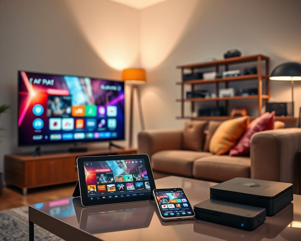A modern living room setting showcasing diverse devices compatible with IPTV services. In the foreground, a sleek smart TV displays a vibrant IPTV interface. A tablet and smartphone are on an elegant coffee table, both showing the same streaming content. In the middle ground, a comfortable couch, adorned with colorful cushions, invites viewers to relax. The background features a stylish entertainment unit with various gaming consoles and a streaming device, harmonizing technology. Soft, warm lighting emanates from a stylish lamp, creating an inviting atmosphere. The scene captures a sense of connection and compatibility among devices, emphasizing accessibility to modern entertainment. The angle is slightly elevated, providing a clear view of the devices without clutter, ensuring a clean, professional visual.
