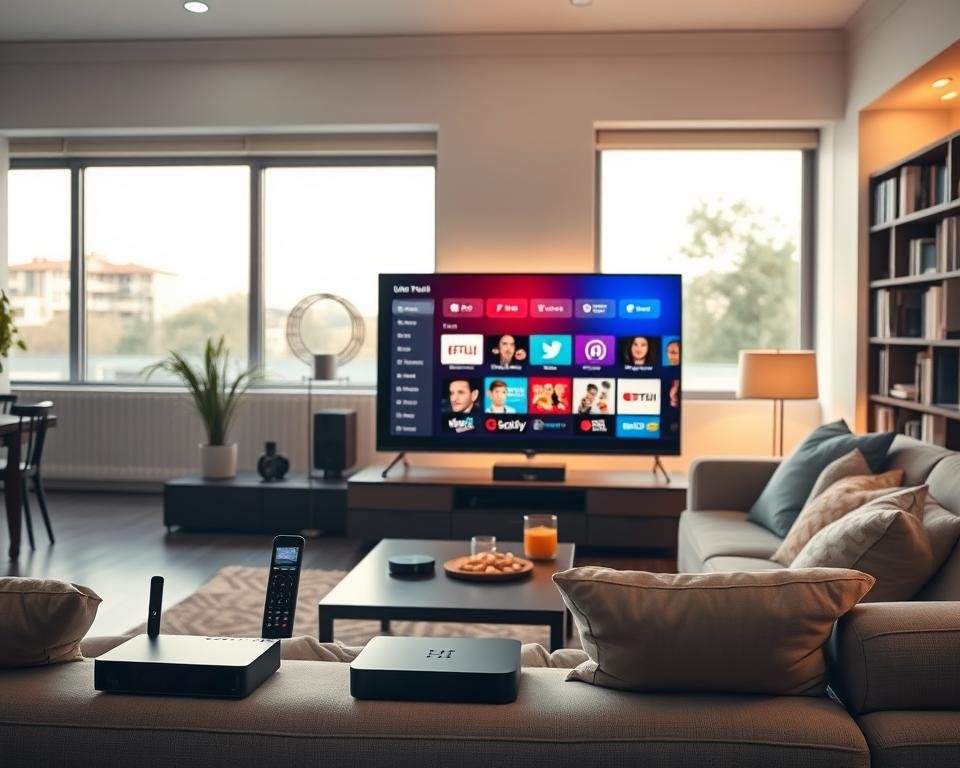 A modern living room setting showcasing universal IPTV compatibility. In the foreground, a sleek, large smart TV displays a vibrant interface with diverse streaming options. Flanking the TV, various devices including a tablet, smartphone, and streaming box are elegantly arranged. In the middle ground, a comfortable sofa with stylish cushions invites viewers in, while a coffee table holds a remote control and snacks. The background features a softly lit bookshelf and large windows allowing natural light to illuminate the space. The scene conveys a warm, inviting atmosphere, perfect for family entertainment. The image captures a sense of innovation and accessibility, highlighting the harmony between technology and lifestyle. Use soft lighting to enhance the cozy environment, shot from a slightly elevated angle to create depth.
