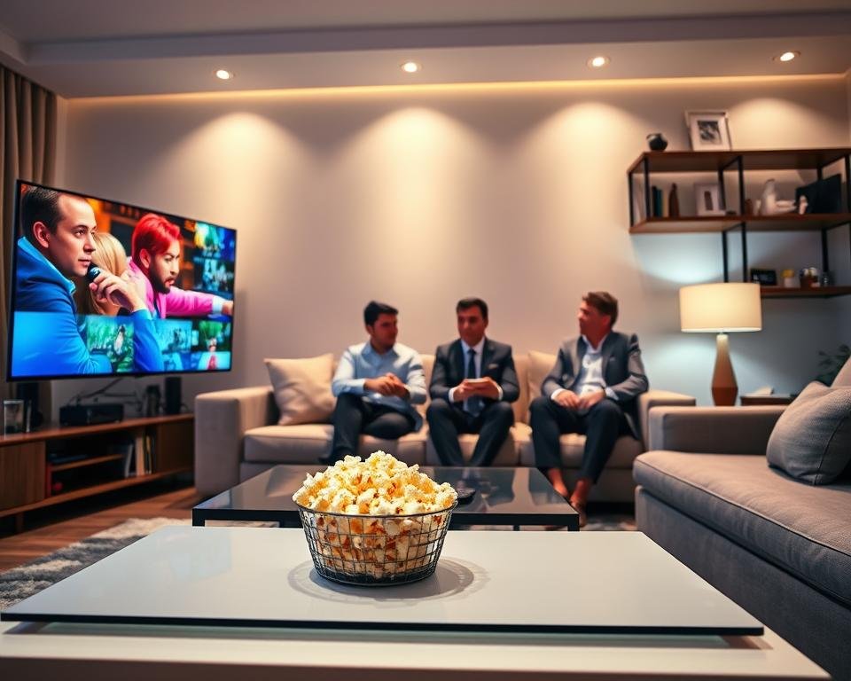 A modern living room setting with a large flat-screen TV displaying high-definition streaming content, showcasing vibrant colors and sharp details. In the foreground, a sleek coffee table holds a remote control and a bowl of popcorn, symbolizing a cozy viewing experience. In the middle, a comfortable sofa with professional-looking individuals dressed in smart business attire, engaged in an animated discussion about IPTV services. Soft, warm lighting from a nearby lamp creates an inviting atmosphere. In the background, a decorative shelf with tech gadgets and collectibles highlights a contemporary lifestyle. The overall mood is engaging and sophisticated, focused on the quality of streaming and performance in a home entertainment context. Camera angle slightly above eye level, capturing the whole scene in a wide shot. A modern living room setting with a large flat-screen TV displaying high-definition streaming content, showcasing vibrant colors and sharp details. In the foreground, a sleek coffee table holds a remote control and a bowl of popcorn, symbolizing a cozy viewing experience. In the middle, a comfortable sofa with professional-looking individuals dressed in smart business attire, engaged in an animated discussion about IPTV services. Soft, warm lighting from a nearby lamp creates an inviting atmosphere. In the background, a decorative shelf with tech gadgets and collectibles highlights a contemporary lifestyle. The overall mood is engaging and sophisticated, focused on the quality of streaming and performance in a home entertainment context. Camera angle slightly above eye level, capturing the whole scene in a wide shot.