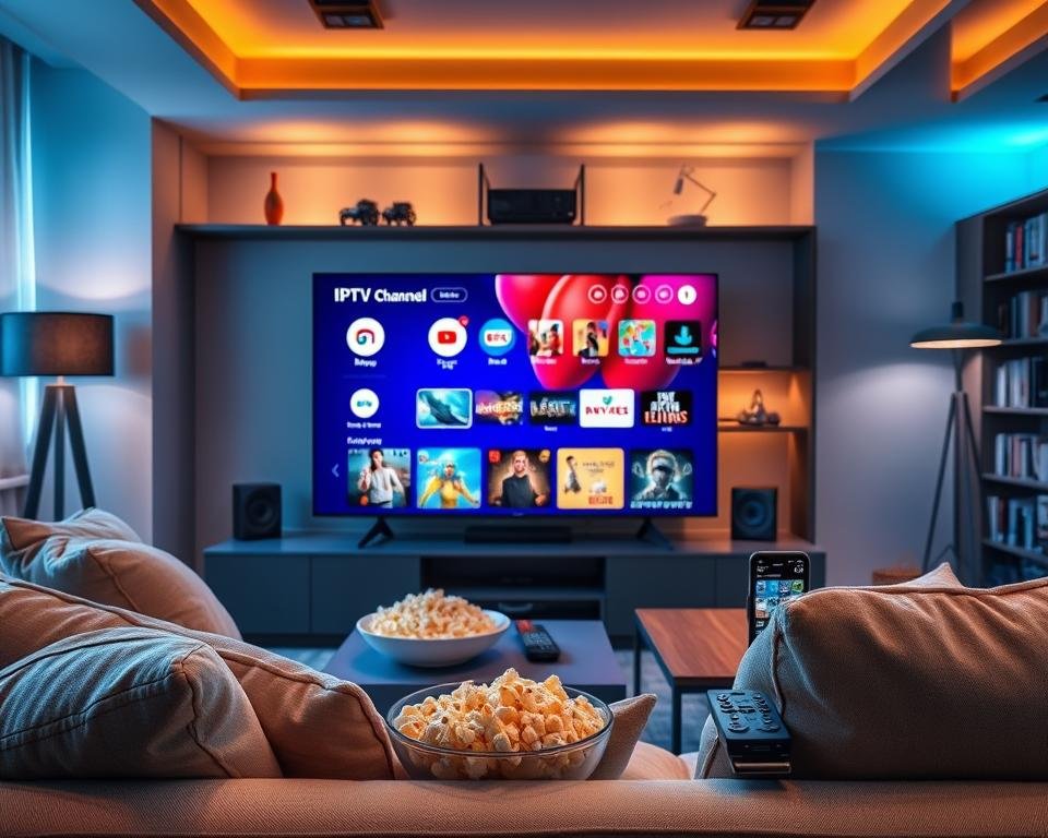 A modern living room setup designed for streaming, featuring a large flat-screen TV displaying a vibrant interface showcasing a variety of IPTV channels and content options. In the foreground, a comfortable couch with soft cushions invites viewers to relax, while a bowl of popcorn adds a casual touch. To the side, a sleek table holds a remote control and a smartphone displaying a streaming app. The middle layer includes warm ambient lighting from stylish lamps, casting a cozy glow across the room. The background features a bookshelf filled with movies and books, enhancing the inviting atmosphere. The overall mood is relaxed and engaging, perfect for a home cinema experience. The scene is depicted in a well-composed, wide-angle shot to capture the entire room layout.