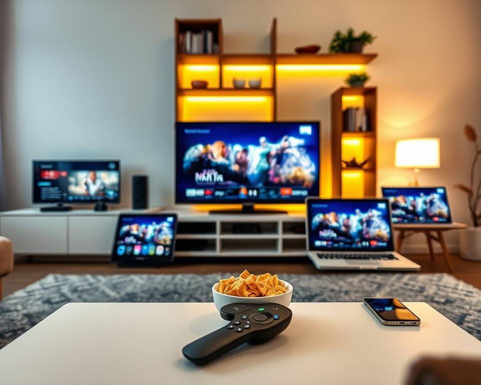 A modern living room setup featuring various streaming devices, including a smart TV, tablet, laptop, and smartphone, each displaying vibrant and dynamic visuals related to entertainment. In the foreground, a sleek, minimalist coffee table holds a remote control and a bowl of snacks, creating a cozy atmosphere. The middle layer highlights the devices in use, showcasing seamless compatibility across platforms with soft ambient lighting illuminating the scene. The background consists of a stylish bookshelf and subtle greenery, adding warmth to the environment. The overall mood is inviting and relaxed, indicative of a perfect home entertainment experience. The scene is captured from a slightly elevated angle, providing a comprehensive view of the devices and the inviting space around them.
