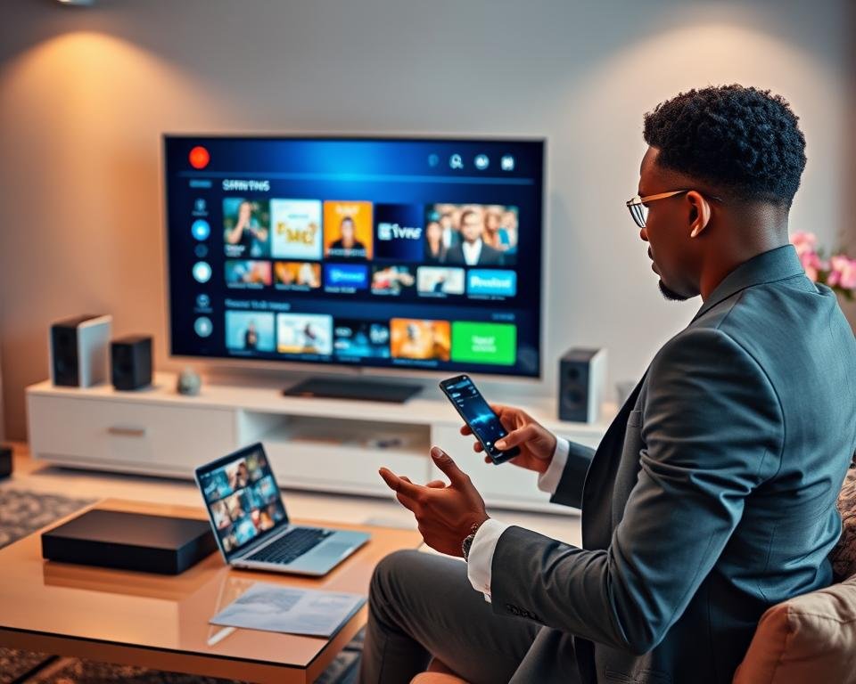 A modern living room setup showcasing a large flat-screen television streaming internet content, with a sleek sound system and a stylish coffee table displaying a remote control and smart devices. In the foreground, a person of diverse descent, dressed in professional business attire, attentively engages with a laptop and smartphone, indicating multi-device compatibility for IPTV services. The middle ground features vibrant visuals of streaming channels and app interfaces displayed on the TV screen. The background is a cozy room with soft ambient lighting, warm earth tones, and a vase with fresh flowers, conveying a welcoming and modern atmosphere. The overall mood is focused and innovative, emphasizing technological compatibility and support. A modern living room setup showcasing a large flat-screen television streaming internet content, with a sleek sound system and a stylish coffee table displaying a remote control and smart devices. In the foreground, a person of diverse descent, dressed in professional business attire, attentively engages with a laptop and smartphone, indicating multi-device compatibility for IPTV services. The middle ground features vibrant visuals of streaming channels and app interfaces displayed on the TV screen. The background is a cozy room with soft ambient lighting, warm earth tones, and a vase with fresh flowers, conveying a welcoming and modern atmosphere. The overall mood is focused and innovative, emphasizing technological compatibility and support.