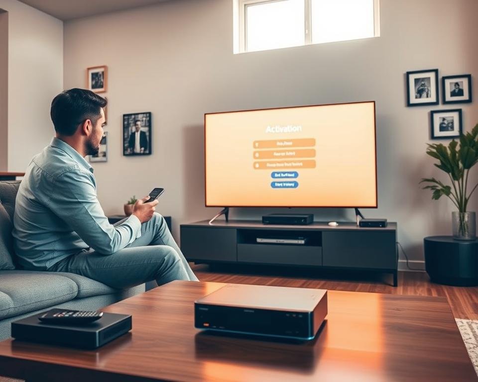 A modern living room setup with a person in professional attire, seated on a sleek sofa, focused on setting up an IPTV device. The foreground features a stylish coffee table with a remote control and a TV receiver. In the middle, a large flat-screen TV displays an IPTV activation screen, glowing softly in warm, ambient lighting. The background shows a contemporary wall with decorative accents, framed family photos, and a window letting in natural light. Soft shadows play across the scene, creating a welcoming and tech-savvy atmosphere that reflects innovation and ease of use in the activation process. The overall mood is professional yet relaxed, perfect for illustrating the installation theme. A modern living room setup with a person in professional attire, seated on a sleek sofa, focused on setting up an IPTV device. The foreground features a stylish coffee table with a remote control and a TV receiver. In the middle, a large flat-screen TV displays an IPTV activation screen, glowing softly in warm, ambient lighting. The background shows a contemporary wall with decorative accents, framed family photos, and a window letting in natural light. Soft shadows play across the scene, creating a welcoming and tech-savvy atmosphere that reflects innovation and ease of use in the activation process. The overall mood is professional yet relaxed, perfect for illustrating the installation theme.