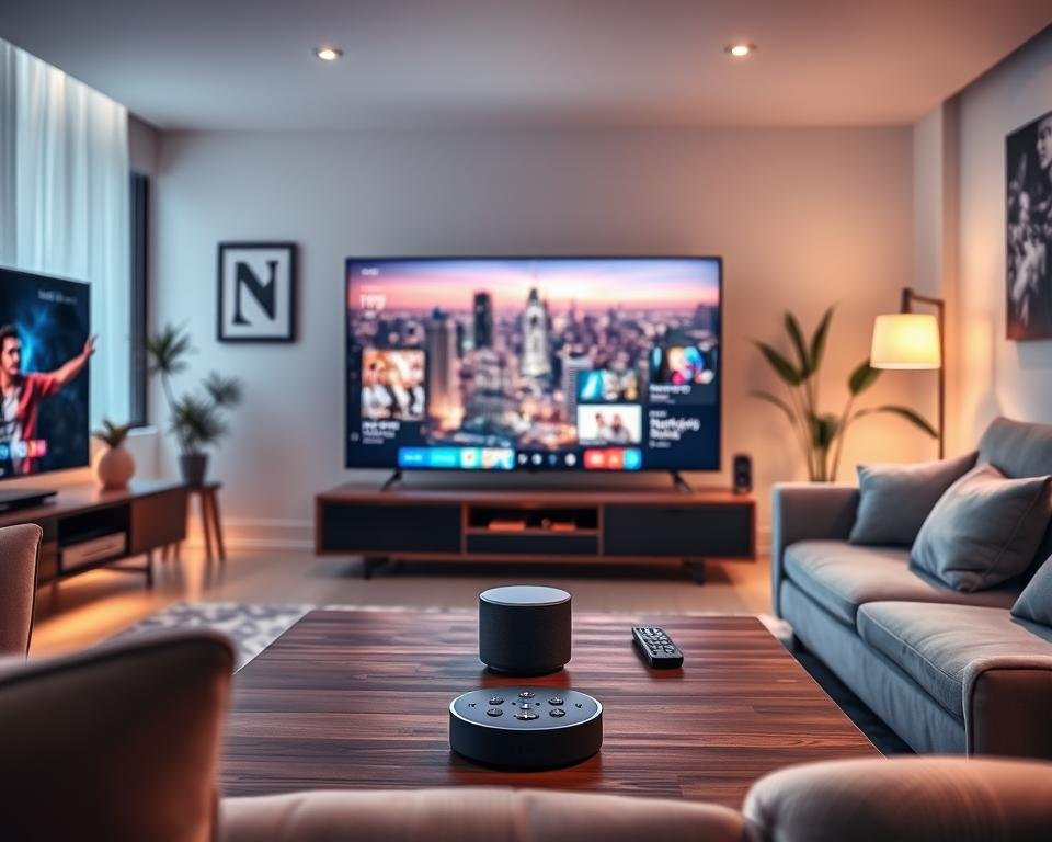 A modern living room showcasing advanced internet television features. The foreground displays a sleek, large flat-screen smart TV with vibrant streaming content visible on the screen. In the middle, a stylish coffee table holds remote controls and a smart speaker, symbolizing innovation and connectivity. The background features a cozy couch and ambient lighting that creates a warm atmosphere, with a window showing a cityscape outside. Soft natural light filters in, enhancing the modern decor, including abstract artwork and indoor plants. The overall mood conveys comfort and sophistication, reflecting a tech-savvy lifestyle. The scene is depicted from a slightly elevated angle for an inviting perspective. A modern living room showcasing advanced internet television features. The foreground displays a sleek, large flat-screen smart TV with vibrant streaming content visible on the screen. In the middle, a stylish coffee table holds remote controls and a smart speaker, symbolizing innovation and connectivity. The background features a cozy couch and ambient lighting that creates a warm atmosphere, with a window showing a cityscape outside. Soft natural light filters in, enhancing the modern decor, including abstract artwork and indoor plants. The overall mood conveys comfort and sophistication, reflecting a tech-savvy lifestyle. The scene is depicted from a slightly elevated angle for an inviting perspective.
