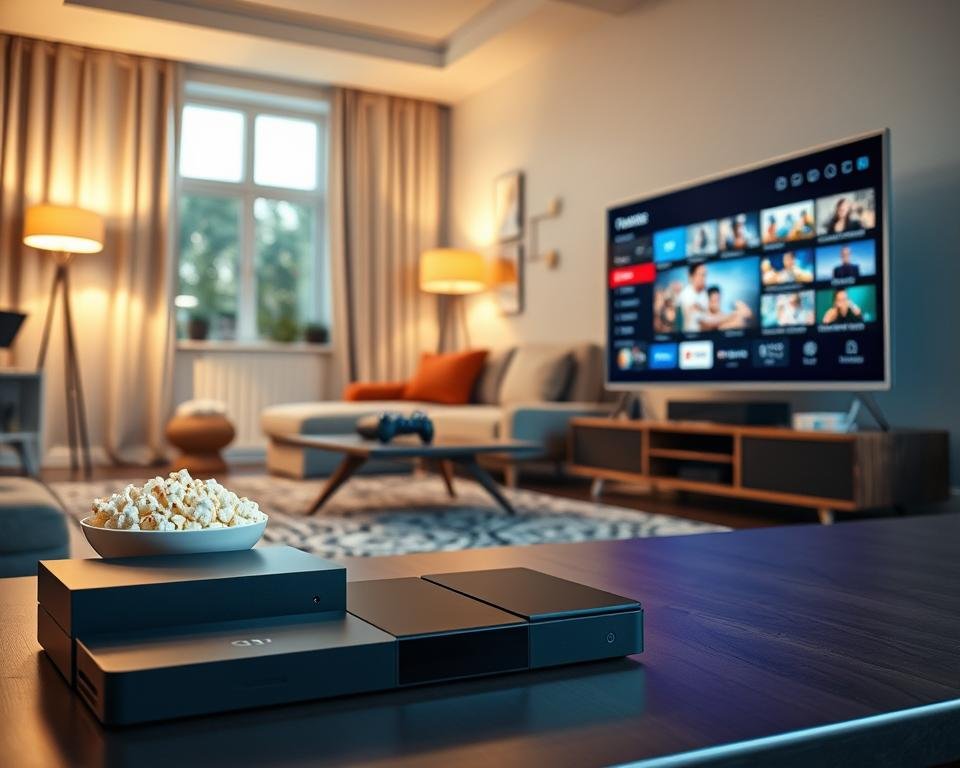 A modern living room showcasing compatibility between various smart TV devices. In the foreground, a sleek, large smart TV displays vibrant streaming content. Next to it, several compatible devices are arranged neatly: a streaming box, a soundbar, and a gaming console, all designed with contemporary aesthetics. In the middle ground, a cozy sofa and stylish coffee table with a bowl of popcorn create an inviting atmosphere, suggesting relaxation and entertainment. The background features soft, warm lighting from floor lamps, emphasizing a homely feel. A large window allows natural light to filter in, enhancing the room's brightness. Capture the scene from a slightly elevated angle to provide a comprehensive view, ensuring a professional and polished look that evokes a sense of modern living and connectivity.