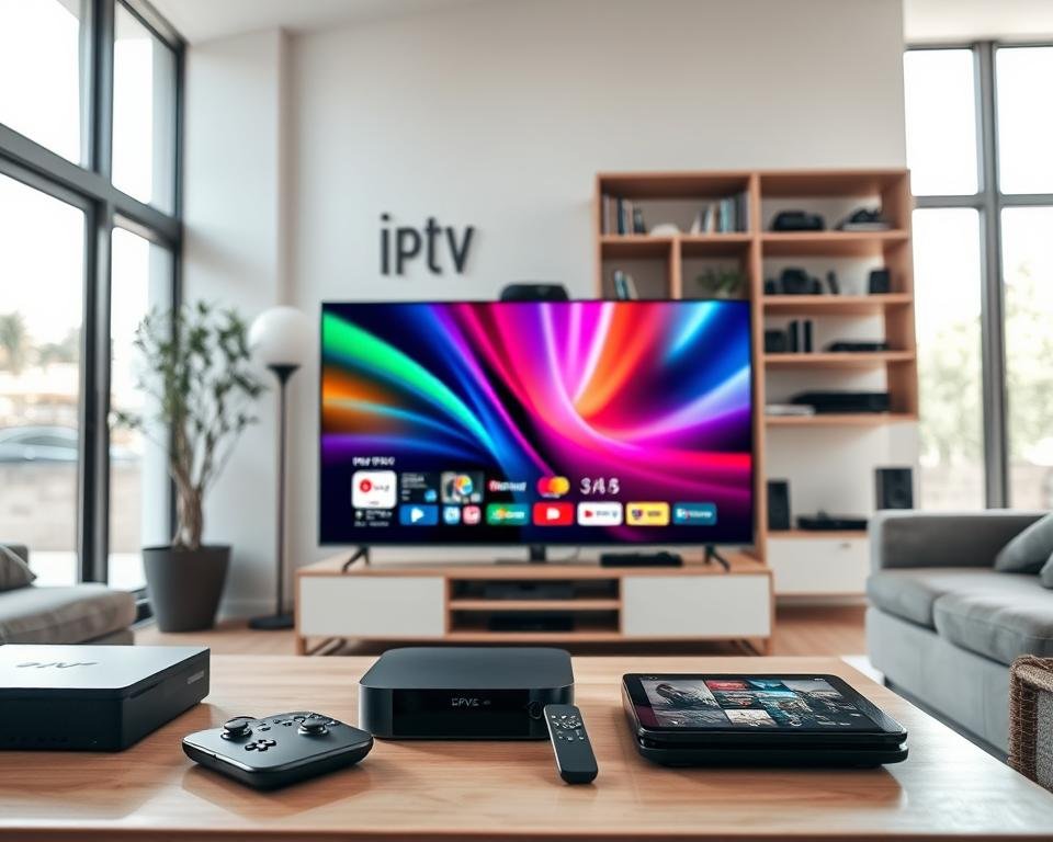 A modern living room showcasing various IPTV-compatible devices. In the foreground, a sleek, high-definition television displays vibrant colors, surrounded by a smart streaming device, a game console, and a tablet. The middle ground features a stylish coffee table with a remote control and a smartphone. The background showcases a contemporary shelf filled with entertainment devices like a Blu-ray player and speakers. Soft, natural lighting filters through large windows, casting a warm glow across the room. The ambiance is inviting and tech-savvy, reflecting a comfortable yet modern lifestyle. Use a wide-angle lens to capture the space, ensuring clarity and a sense of depth.