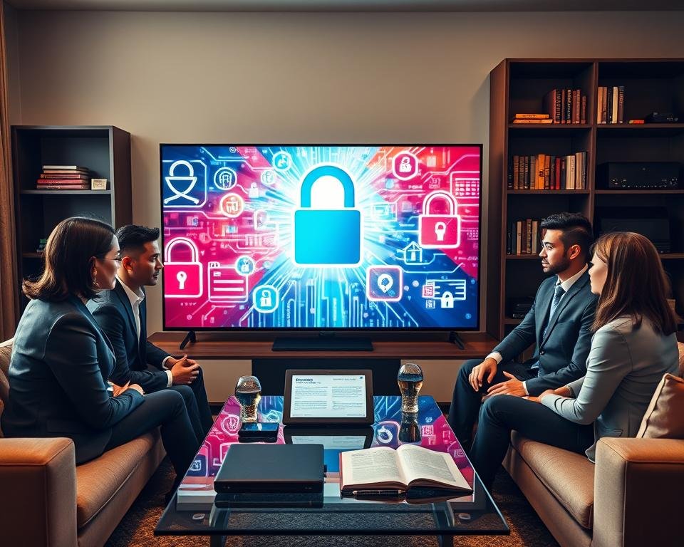 A modern living room with a large flat-screen television displaying an abstract representation of online security, such as digital locks and encrypted data streams. In the foreground, a diverse group of four individuals in professional attire are attentively discussing the importance of online safety while watching the TV. The middle section features a stylish coffee table with tech gadgets, a tablet showing legal guidelines, and privacy icons floating around. The background consists of a sleek bookshelf filled with law books and media equipment, subtly lit by warm natural light filtering through a window. The mood is serious yet collaborative, emphasizing the importance of legal aspects and security in online TV viewing. A modern living room with a large flat-screen television displaying an abstract representation of online security, such as digital locks and encrypted data streams. In the foreground, a diverse group of four individuals in professional attire are attentively discussing the importance of online safety while watching the TV. The middle section features a stylish coffee table with tech gadgets, a tablet showing legal guidelines, and privacy icons floating around. The background consists of a sleek bookshelf filled with law books and media equipment, subtly lit by warm natural light filtering through a window. The mood is serious yet collaborative, emphasizing the importance of legal aspects and security in online TV viewing.