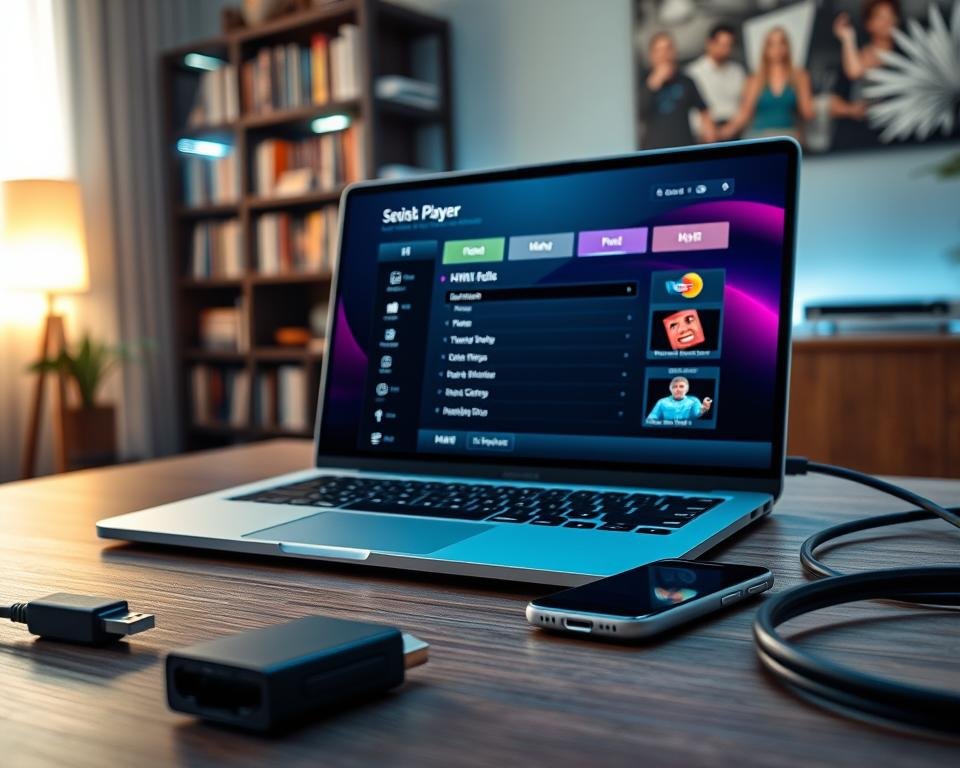 A modern multimedia player configuration interface displayed on a sleek laptop screen, set on a stylish wooden desk. In the foreground, tools like a USB drive, HDMI cables, and a smartphone are neatly arranged. The middle ground features the laptop showcasing an advanced graphical user interface, with vibrant icons and settings for streaming options. The background includes a well-lit room with a soft-focus bookshelf filled with tech books, ambient LED lighting casting a warm glow. The overall atmosphere conveys a sense of professionalism and sophistication, perfect for tech enthusiasts and professionals alike. The scene is captured from a slightly elevated angle for a comprehensive view, emphasizing the innovative technology and organization of the workspace. A modern multimedia player configuration interface displayed on a sleek laptop screen, set on a stylish wooden desk. In the foreground, tools like a USB drive, HDMI cables, and a smartphone are neatly arranged. The middle ground features the laptop showcasing an advanced graphical user interface, with vibrant icons and settings for streaming options. The background includes a well-lit room with a soft-focus bookshelf filled with tech books, ambient LED lighting casting a warm glow. The overall atmosphere conveys a sense of professionalism and sophistication, perfect for tech enthusiasts and professionals alike. The scene is captured from a slightly elevated angle for a comprehensive view, emphasizing the innovative technology and organization of the workspace.