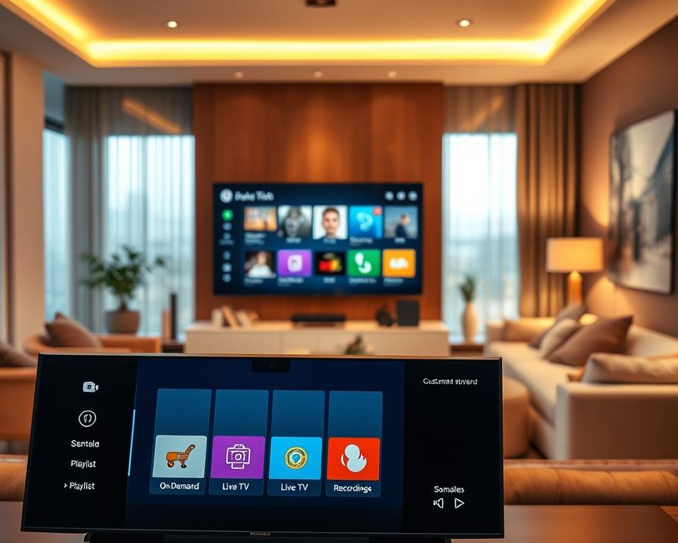 A modern multimedia player interface showcasing advanced features like a customizable playlist, high-definition streaming options, and seamless navigation. In the foreground, a sleek, user-friendly design with vibrant icons representing various features such as 'On-Demand', 'Live TV', and 'Recordings'. The middle ground displays a high-tech living room environment with a large smart TV displaying the multimedia player interface, surrounded by stylish furniture. The background features a warm, inviting ambiance with soft lighting that highlights the technology while creating a cozy atmosphere. The focus is on clarity and user engagement, with an emphasis on a professional yet comfortable setting, emphasizing the modern home entertainment experience. Use a dynamic angle to capture depth, making the scene feel immersive and engaging.