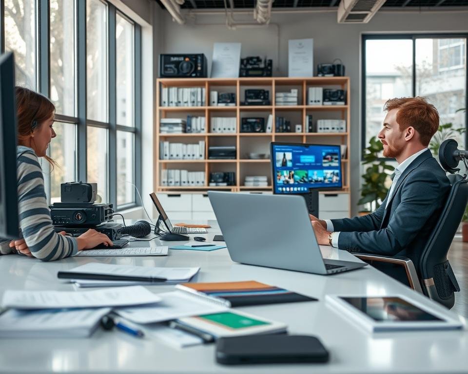 A modern office environment showcasing "technical support and assistance" for IPTV services. In the foreground, a professional technician in business attire attentively assists a customer, both engaged in a discussion about service quality. The technician is seated at a sleek, ergonomic workstation filled with high-tech devices, paperwork, and an open laptop displaying IPTV interfaces. In the middle ground, a bright and organized support area features shelves with technical manuals, tools, and promotional materials about IPTV subscriptions. The background is filled with large windows allowing natural light to flood in, creating a warm and inviting atmosphere. The overall mood is one of professionalism, reliability, and helpfulness, emphasizing the importance of excellent customer service in technology support.