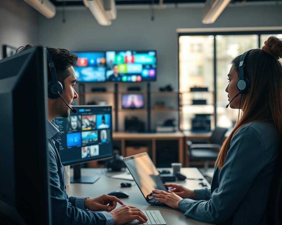 A modern office scene depicting a professional customer support environment for IPTV services. In the foreground, a focused support representative, wearing smart casual attire, interacts with a headset, looking at a computer screen displaying IPTV menus. In the middle ground, a couple of monitors show various IPTV channels and support graphics. A second representative, beside the first, is assisting a client via chat on a laptop. The background features a well-organized office space with shelves of tech gadgets and a large window letting in natural light, creating a warm, inviting atmosphere. The overall mood is one of efficiency and helpfulness, with soft lighting highlighting the faces of the representatives and a clear focus on customer care. A modern office scene depicting a professional customer support environment for IPTV services. In the foreground, a focused support representative, wearing smart casual attire, interacts with a headset, looking at a computer screen displaying IPTV menus. In the middle ground, a couple of monitors show various IPTV channels and support graphics. A second representative, beside the first, is assisting a client via chat on a laptop. The background features a well-organized office space with shelves of tech gadgets and a large window letting in natural light, creating a warm, inviting atmosphere. The overall mood is one of efficiency and helpfulness, with soft lighting highlighting the faces of the representatives and a clear focus on customer care.