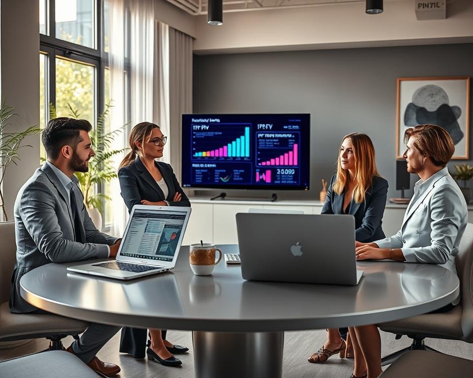 A modern office setting featuring a diverse group of three professionals, one male and two female, engaged in a discussion about IPTV testing. The foreground showcases a sleek, round table with laptops open, displaying IPTV interfaces and test results. The middle ground includes charts and graphs on a digital screen, emphasizing data analysis. Soft, natural lighting streams through large windows, casting a warm glow over the workspace. The backdrop features minimalist decor, with potted plants and abstract art, creating a welcoming atmosphere. The mood is focused and collaborative, highlighting the importance of evaluating IPTV services. The professionals are dressed in smart business attire, reflecting a professional environment of innovation and technology. A modern office setting featuring a diverse group of three professionals, one male and two female, engaged in a discussion about IPTV testing. The foreground showcases a sleek, round table with laptops open, displaying IPTV interfaces and test results. The middle ground includes charts and graphs on a digital screen, emphasizing data analysis. Soft, natural lighting streams through large windows, casting a warm glow over the workspace. The backdrop features minimalist decor, with potted plants and abstract art, creating a welcoming atmosphere. The mood is focused and collaborative, highlighting the importance of evaluating IPTV services. The professionals are dressed in smart business attire, reflecting a professional environment of innovation and technology.