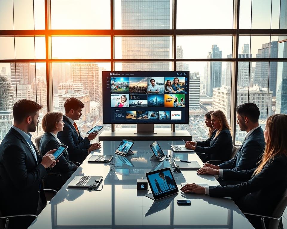 A modern office setting featuring a professional team discussing IPTV services around a sleek conference table. In the foreground, a diverse group of individuals in smart business attire engages with digital tablets and laptops, displaying IPTV content and statistics. The middle ground shows a large screen presenting vibrant visuals of popular IPTV channels and user interfaces. In the background, glass walls reveal a bustling cityscape through a sunny window, casting warm, natural light into the room. The atmosphere is focused yet collaborative, reflecting a sense of innovation and expertise in the IPTV industry. Capture this scene with a wide-angle lens to enhance depth and clarity. A modern office setting featuring a professional team discussing IPTV services around a sleek conference table. In the foreground, a diverse group of individuals in smart business attire engages with digital tablets and laptops, displaying IPTV content and statistics. The middle ground shows a large screen presenting vibrant visuals of popular IPTV channels and user interfaces. In the background, glass walls reveal a bustling cityscape through a sunny window, casting warm, natural light into the room. The atmosphere is focused yet collaborative, reflecting a sense of innovation and expertise in the IPTV industry. Capture this scene with a wide-angle lens to enhance depth and clarity.