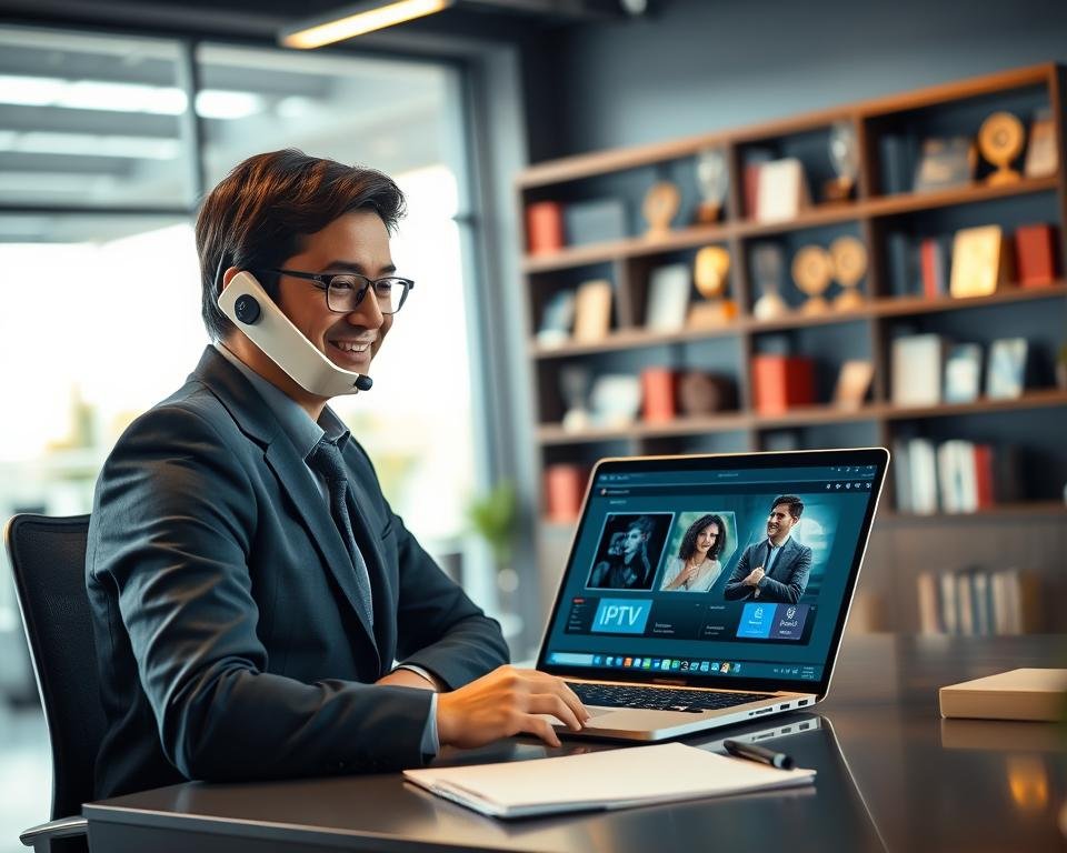 A modern office setting showcasing a client support interaction. In the foreground, a professional-looking individual in business attire, engaged in a phone conversation, showing friendly facial expressions. The middle ground features a sleek desk with a laptop displaying IPTV software, paperwork, and a notepad with customer service notes. In the background, a large window lets in natural light, creating a warm and inviting atmosphere. Softly blurred shelves filled with books and awards reflect the professionalism of the client support team. The lighting is bright yet soft, giving a sense of attentiveness and approachability. The image conveys a feeling of support and assistance, ideal for illustrating client support and technical assistance in a business environment. A modern office setting showcasing a client support interaction. In the foreground, a professional-looking individual in business attire, engaged in a phone conversation, showing friendly facial expressions. The middle ground features a sleek desk with a laptop displaying IPTV software, paperwork, and a notepad with customer service notes. In the background, a large window lets in natural light, creating a warm and inviting atmosphere. Softly blurred shelves filled with books and awards reflect the professionalism of the client support team. The lighting is bright yet soft, giving a sense of attentiveness and approachability. The image conveys a feeling of support and assistance, ideal for illustrating client support and technical assistance in a business environment.
