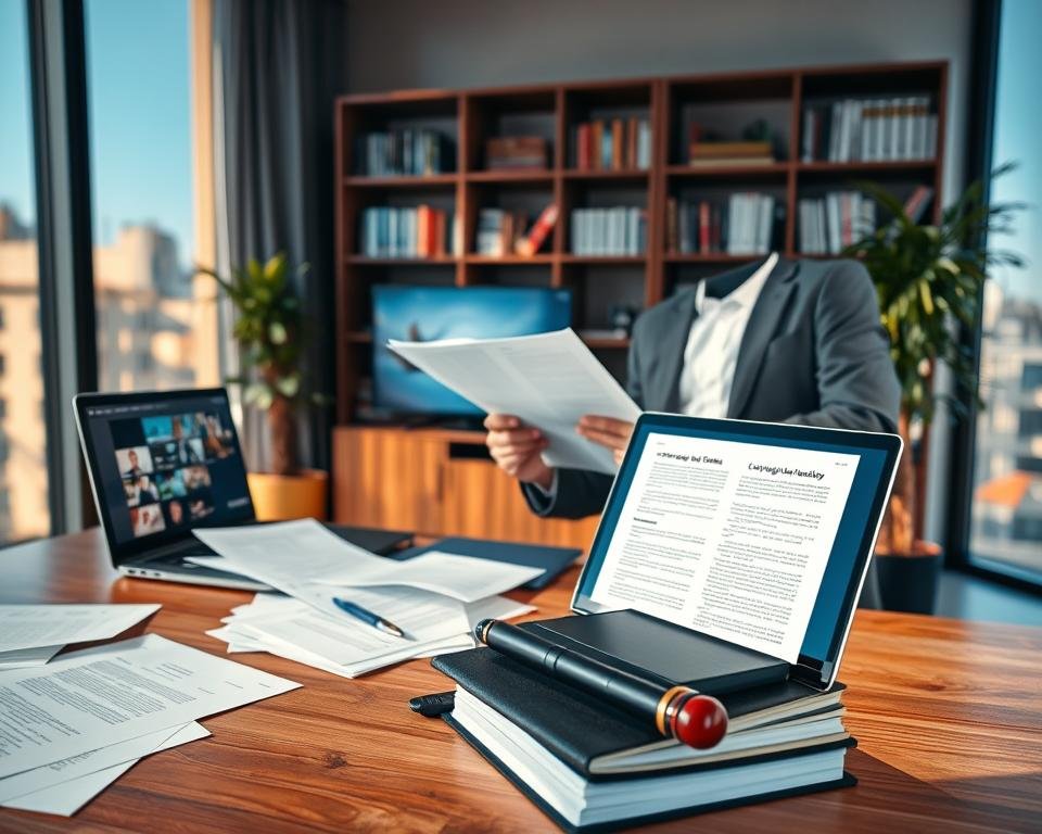 A modern office setting with an individual in professional attire analyzing legal documents related to IPTV services. In the foreground, a wooden desk cluttered with papers, a laptop displaying streaming options, and a legal book on copyright laws. In the middle ground, a stylish bookshelf filled with law-related books and a plant adding a touch of greenery. The background features a large window with cityscape views, showcasing a bright and clear day. Soft, natural lighting casts gentle shadows, creating an inviting atmosphere. The mood is serious yet focused, emphasizing the importance of legal considerations in enjoying streaming television in France.