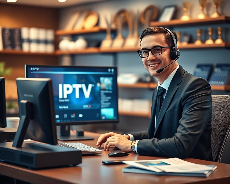 A modern, professional IPTV support desk scene depicting a customer service representative in smart business attire engaged in a friendly conversation over a headset. In the foreground, focus on the representative’s friendly expression and attentive posture. The middle ground features a sleek desk with a computer displaying an IPTV interface, along with technical gadgets and brochures about IPTV services. The background is softly blurred with shelves holding technical manuals and awards, creating a sense of expertise and reliability. Warm lighting illuminates the workspace, enhancing a welcoming atmosphere. The scene conveys a mood of trust and availability, emphasizing the 24/7 support aspect of the service. Use a slight depth of field for emphasis and clarity on the representative.