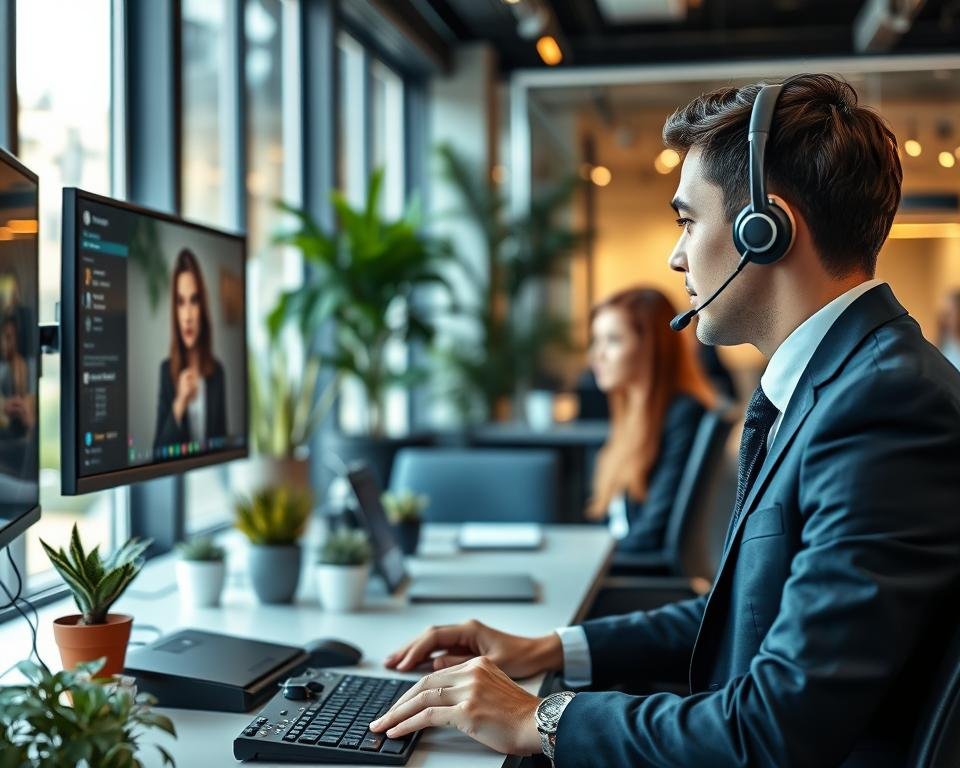 A modern, professional customer support center showcasing a dedicated client support agent assisting a customer via video call. In the foreground, a focused agent wearing smart business attire is engaged with a headset, surrounded by high-tech equipment and dual monitors displaying a user-friendly interface. In the middle ground, a well-organized workspace decorated with plants and soft lighting provides a welcoming atmosphere. The background features large windows with natural light flooding in, creating a bright and positive environment. The overall mood is one of professionalism, reliability, and dedication, emphasizing a 24/7 support ethos, ideal for an IPTV service in France.