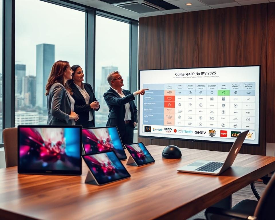 A modern, professional office setting showcasing a comparative analysis of leading IPTV providers for 2025. In the foreground, a sleek wooden table displays high-tech devices like tablets and laptops, all showing vibrant streaming interfaces. In the middle, a diverse group of three business professionals, dressed in smart casual attire, are engaged in a discussion, pointing at a large, wall-mounted screen that displays a detailed comparison chart of various providers. The background features a panoramic city view through large windows, with soft natural light illuminating the space. The mood is collaborative and dynamic, embodying innovation and progress in the streaming industry. The scene captures the essence of modern business strategy without any text or branding.