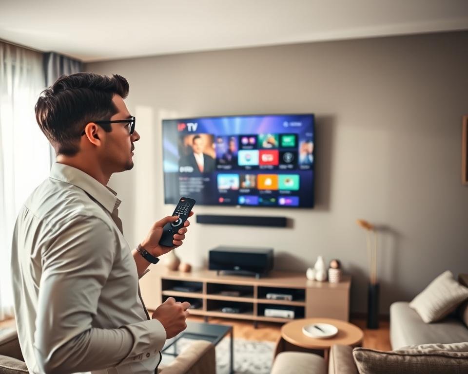 A modern, sleek living room featuring a high-definition television mounted on the wall, alongside stylish home decor. In the foreground, a well-dressed individual, in neat casual attire, is holding a remote control and looking thoughtfully at the screen, indicating a moment of installation or setup. The middle ground showcases the television displaying an IPTV interface, with vibrant colors suggesting content variety. A neatly arranged entertainment unit holds various digital devices and decorations. Soft, natural light spills in through a window, creating a warm, inviting atmosphere. The lens perspective captures the scene from an inviting angle, evoking a sense of simplicity and efficiency in the installation process.