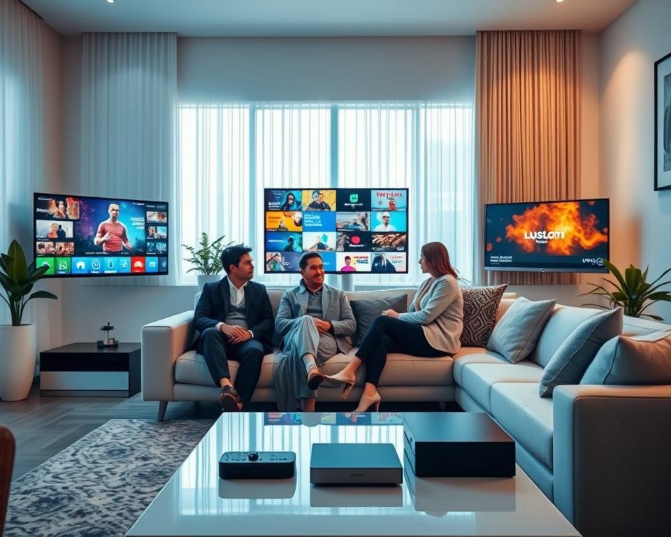 A modern, sleek living room featuring multiple premium screens displaying various vibrant IPTV channels. In the foreground, a stylish coffee table holds a remote control and streaming devices. The middle ground showcases a comfortable sofa, with a couple seated casually, dressed in professional attire, engrossed in different content on the screens. The background reveals a large window with soft, natural light filtering in, creating a warm and inviting atmosphere. The screens display colorful graphics, highlighting entertainment and educational options. The room's decor is contemporary, with minimalist artwork and plants, enhancing the modern feel. Capture the scene from a slight angle to emphasize the multi-screen experience, using soft lighting to add a cozy ambiance.