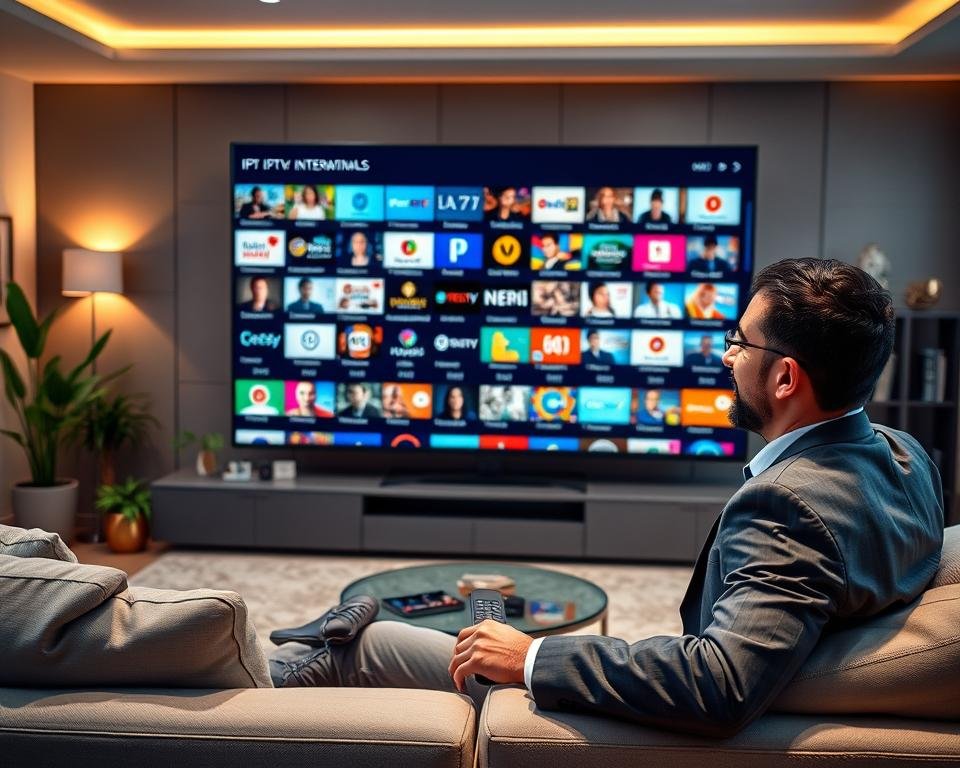 A modern, sleek living room showcasing a large flat-screen TV displaying a vibrant array of international IPTV channels. In the foreground, a professional-looking person in business attire is seated on a stylish sofa, using a remote control, with a look of satisfaction and engagement. The middle section features the TV screen filled with colorful and diverse programming thumbnails, emphasizing variety and quality. The background hints at a cozy home environment, with soft lighting casting a warm glow, complemented by modern decor like plants and bookshelves. The overall atmosphere is inviting and conveys a sense of choice and satisfaction in streaming services.