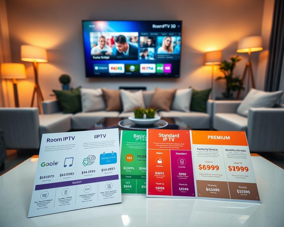 A modern, sleek living room showcasing an IPTV subscription showcase with options and pricing. In the foreground, a stylish coffee table displays pamphlets and brochures featuring vibrant graphics of "Room IPTV" subscription plans, highlighting different tiers like basic, standard, and premium, with symbols representing pricing and features like HD streaming and multiple devices. In the middle, a comfortable sofa is adorned with plush cushions, and a large flat-screen TV mounted on the wall displays an abstract graphical representation of various channel options. The background features warm, ambient lighting from floor lamps, creating a cozy atmosphere. Use a wide-angle lens for a friendly, inviting view, and ensure the scene conveys an informative yet relaxed mood, perfect for a family environment. Keep the overall color palette warm and inviting.