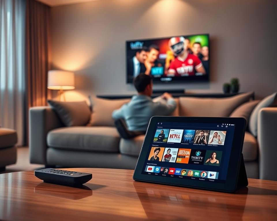 A modern, sleek living room with a sophisticated IPTV setup as the focal point. In the foreground, a stylish coffee table with a remote control and a tablet displaying the IPTV Simple application interface, showcasing vibrant thumbnails of various channels. The middle ground features a plush, comfortable sofa where a person in a smart casual outfit is seated, intently navigating the app on the tablet. The background reveals a wall-mounted flat-screen TV displaying a colorful streaming interface. Warm, inviting lighting enhances the cozy atmosphere, with soft shadows creating depth. The scene conveys an air of convenience and modern technology, designed to illustrate the simplicity of starting with IPTV in just three steps.