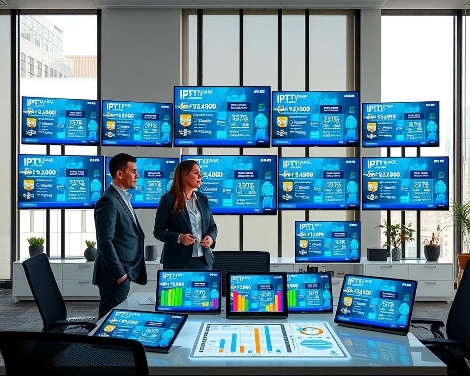 A modern, sleek workspace featuring multiple TV screens displaying a variety of IPTV plans and pricing options. In the foreground, a professional male and female working together, clad in smart business attire, are discussing the displays. The middle ground shows a large table with tablets and laptops showcasing comparison charts and colorful icons representing different IPTV services. The background features a bright, airy office with large windows, letting in soft, natural light, enhancing the atmosphere of collaboration and innovation. The overall mood is informative and engaging, highlighting the diversity and accessible nature of IPTV offerings. The composition captures a sense of professionalism and technology.