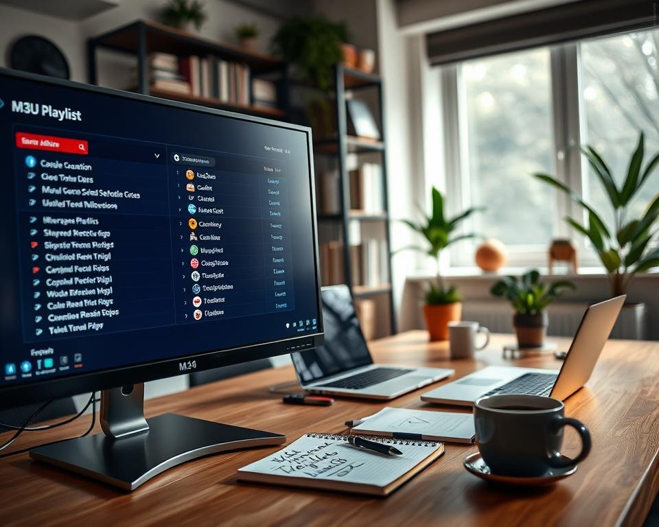 A modern, sleek workspace setup showcasing a computer monitor displaying a vibrant M3U playlist configuration interface. The scene focuses on the monitor in the foreground, with colorful playlist entries listed, complete with channel logos and a play button. In the middle ground, an organized desk features a laptop, a notepad with coding scribbles, and a stylish coffee cup. The background includes a bookshelf filled with tech guides and decorative plants, adding warmth to the environment. Soft, natural lighting filters through a window, creating a cozy, inviting atmosphere. The camera angle is slightly tilted downwards, emphasizing the details of the technology while maintaining a professional vibe.