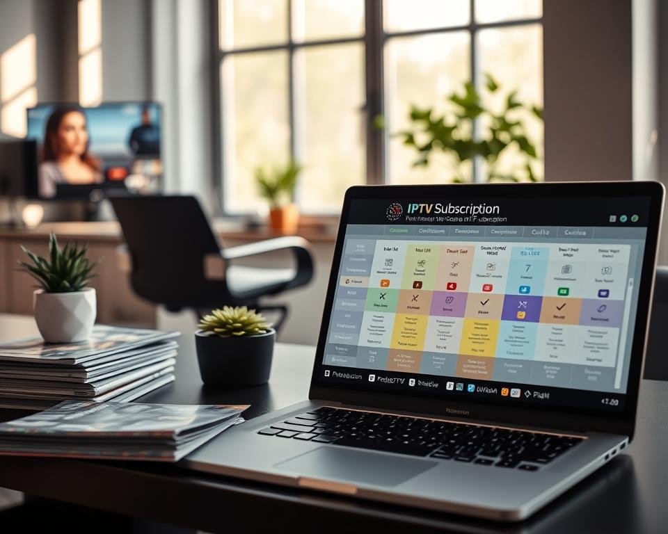 A modern, sleek workspace setup showcasing the criteria for choosing an IPTV subscription. In the foreground, a professional laptop displays a comparison chart of IPTV services with colorful icons and features. To the left, a neatly arranged stack of brochures and a tablet showing streaming content on its screen, symbolizing the variety of content available. The middle ground features a stylish office chair, with a potted plant adding a touch of greenery. The background includes a large window with soft natural light pouring in, casting gentle shadows. The atmosphere is focused and professional, highlighting a sense of decision-making and technology. Use a shallow depth of field to emphasize the foreground elements, capturing a clear, bright and inviting mood.